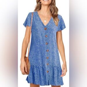 Blue Polka Dot V Neck Button Down Ruffles Loose Mini Short Sleeve Dress